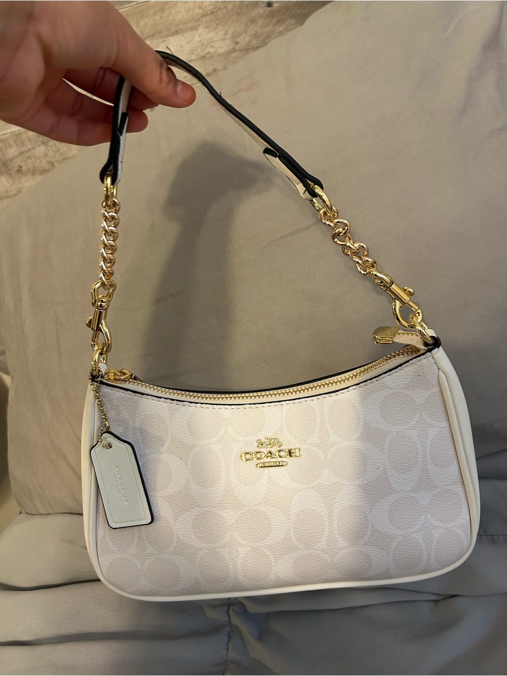 Coach White Signature Canvas Shoulder Bag with Gold Chain Strap